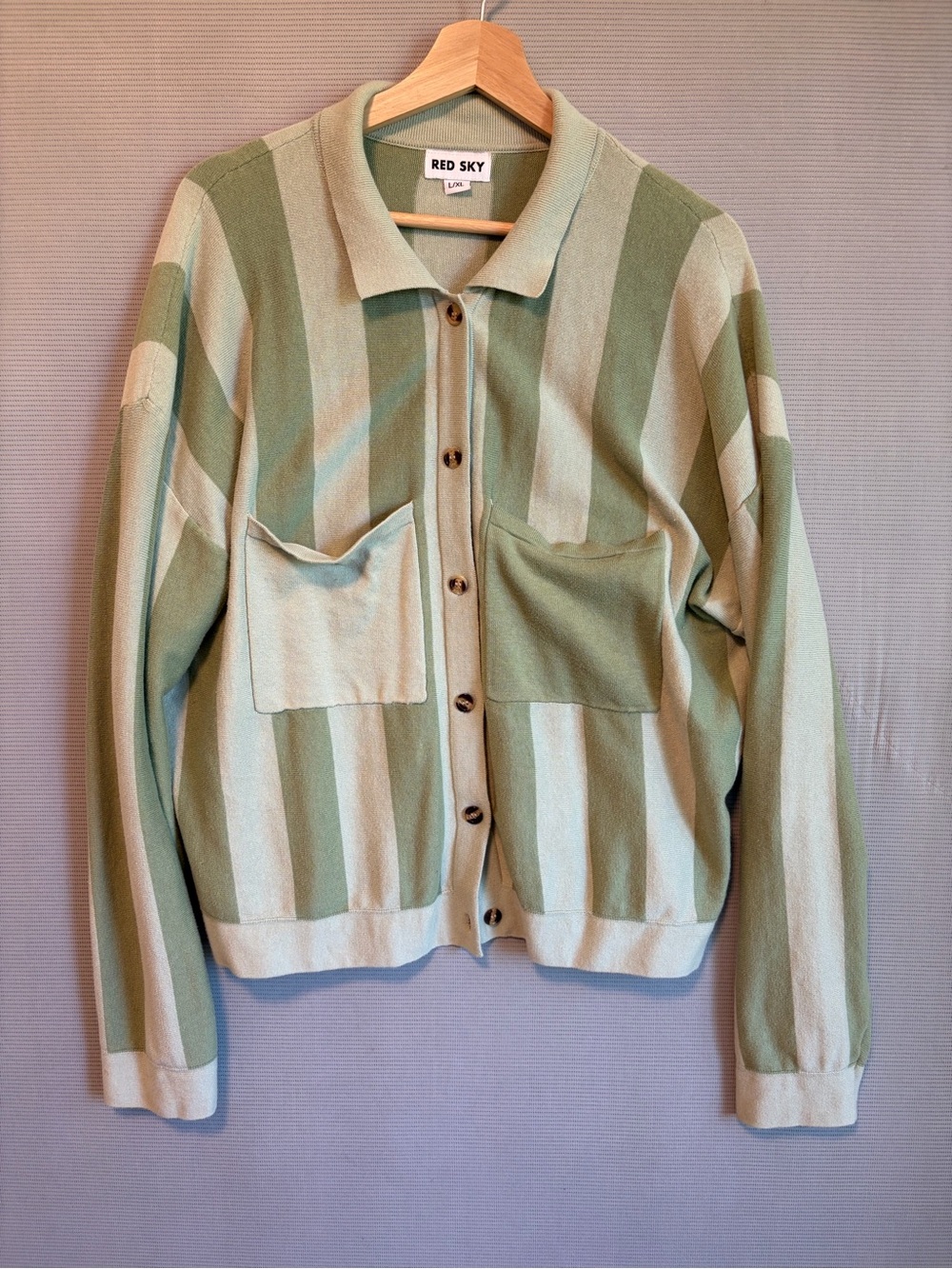 RED SKY Green Striped Knit Cardigan